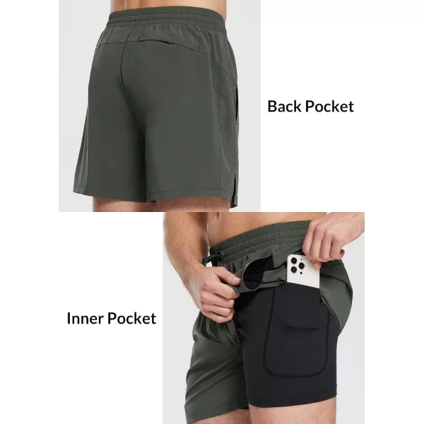 BALEAF Mens 5 Inch Inseam Swim Trunks with Compression Liner Quick Dry 2 in 1 Swim Shorts with PocketsDark Green