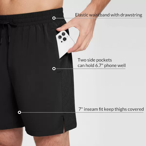 BALEAF Mens 7 Inch Swim Trunks with Compression Liner QuickDry Long Shorts Swim Shorts with Zipper PocketsBlack