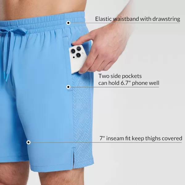 BALEAF Mens 7 Inch Swim Trunks with Compression Liner QuickDry Long Shorts Swim Shorts with Zipper PocketsBlue