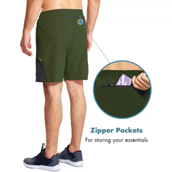 BALEAF Mens 7 Running Shorts with Mesh Liner Zipper Pocket for Athletic Workout GymArmy Green