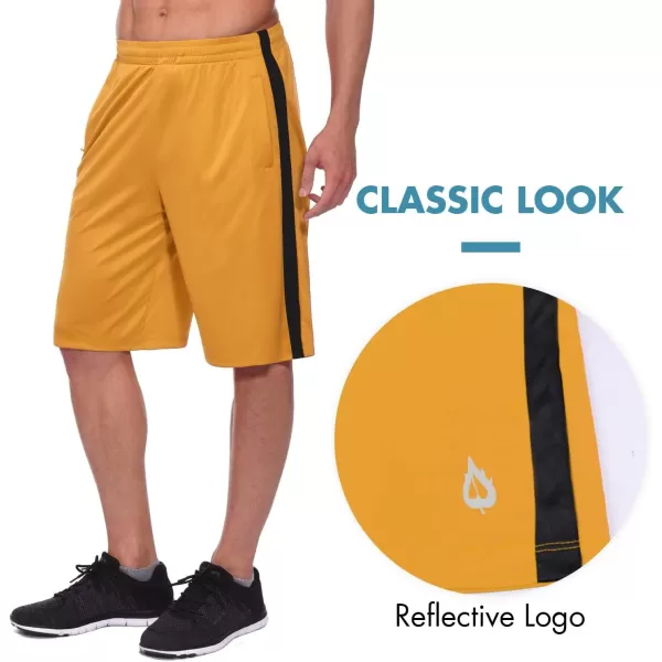 BALEAF Mens Basketball Shorts Long with Zipper Pockets Quick Dry Workout Training Drawstrings 11Gold Yellow