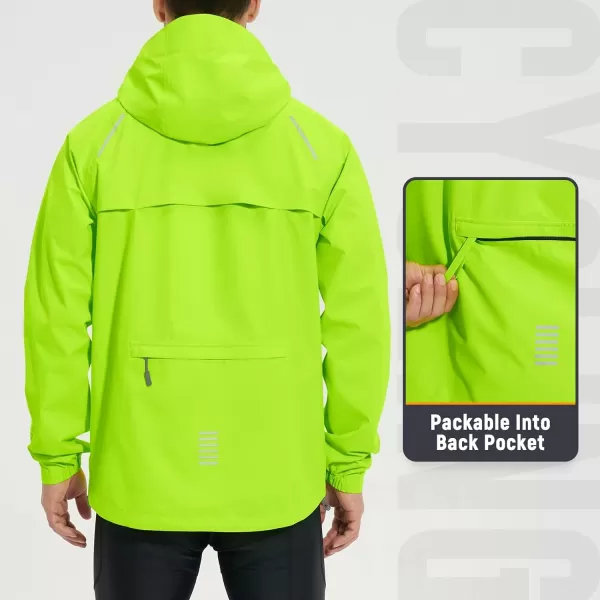 BALEAF Mens Cycling Rain Jacket Waterproof Windbreaker Packable Hood Running Gear Lightweight ReflectiveFluorescent Green