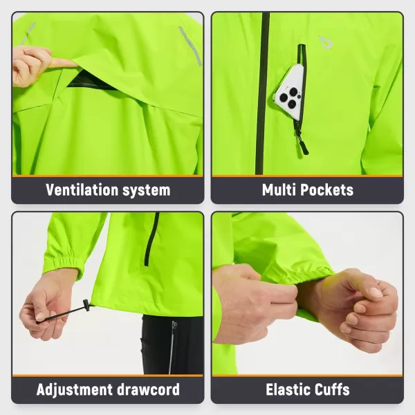 BALEAF Mens Cycling Rain Jacket Waterproof Windbreaker Packable Hood Running Gear Lightweight ReflectiveFluorescent Green