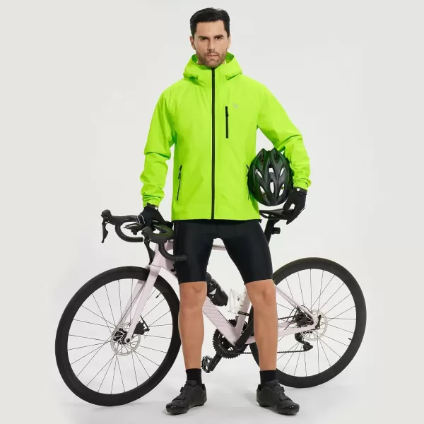 BALEAF Mens Cycling Rain Jacket Waterproof Windbreaker Packable Hood Running Gear Lightweight ReflectiveFluorescent Green