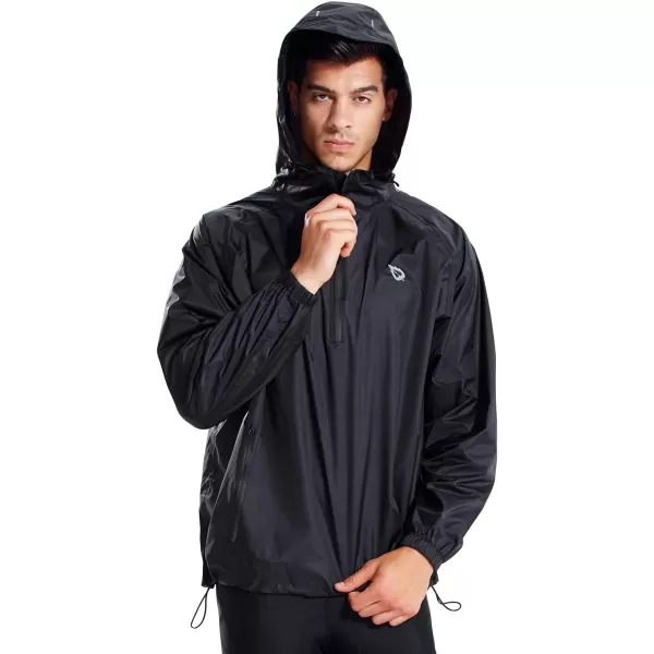 BALEAF Mens Light Running Hiking Rain Jacket Waterproof with Hood Windbreaker Pullover Coats Hoodie PackableBlack