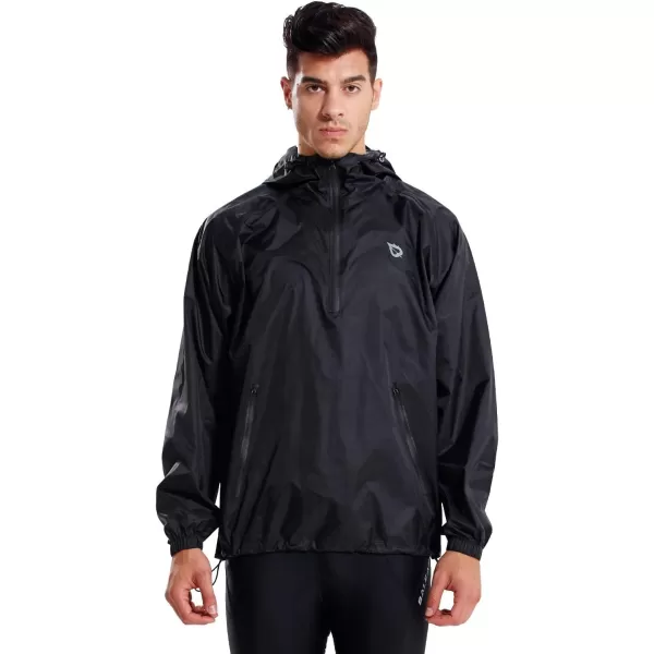 BALEAF Mens Light Running Hiking Rain Jacket Waterproof with Hood Windbreaker Pullover Coats Hoodie PackableBlack