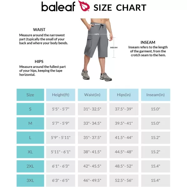BALEAF Mens Long Shorts Below Knee 15 Capri Pants Hiking Cargo Pockets Quick Dry Lightweight Elastic Waistband GymDark Grey