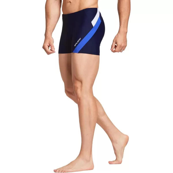 BALEAF Mens Square Leg Athletic Swim Jammers Durable Training Splice Team SwimsuitNavy BlueWhite