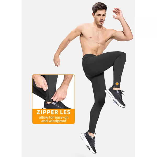 BALEAF Mens Winter Running Tights Thermal Cycling Pants Water Resistant Fleece Leggings Zipper Pockets Cold Weather GearBlack