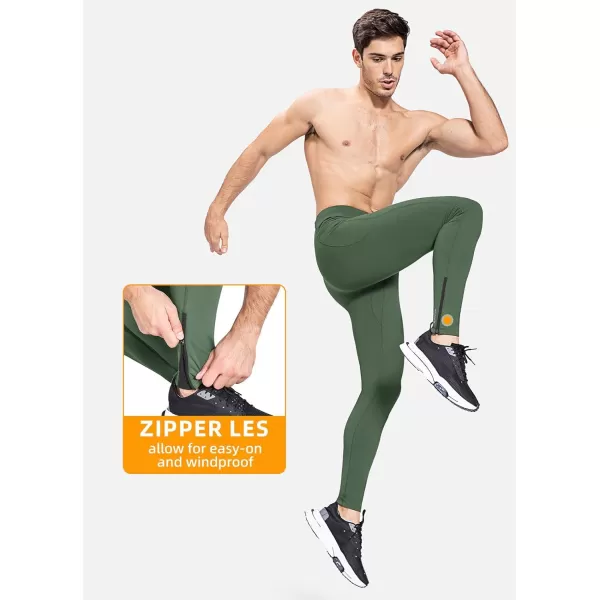 BALEAF Mens Winter Running Tights Thermal Cycling Pants Water Resistant Fleece Leggings Zipper Pockets Cold Weather GearGreen