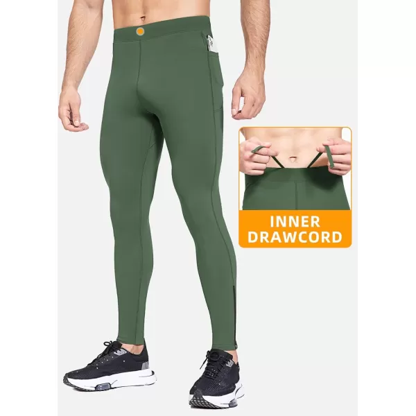 BALEAF Mens Winter Running Tights Thermal Cycling Pants Water Resistant Fleece Leggings Zipper Pockets Cold Weather GearGreen