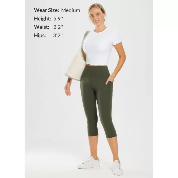 BALEAF Nuleaf Womens Stretch Capri Leggings with Pockets High Waisted Brushed Yoga Workout Athletic Tummy Control Capris 19Army Green