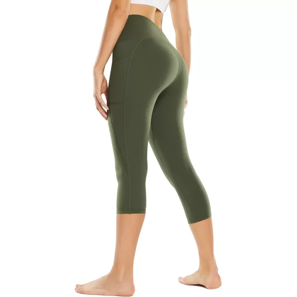 BALEAF Nuleaf Womens Stretch Capri Leggings with Pockets High Waisted Brushed Yoga Workout Athletic Tummy Control Capris 19Army Green