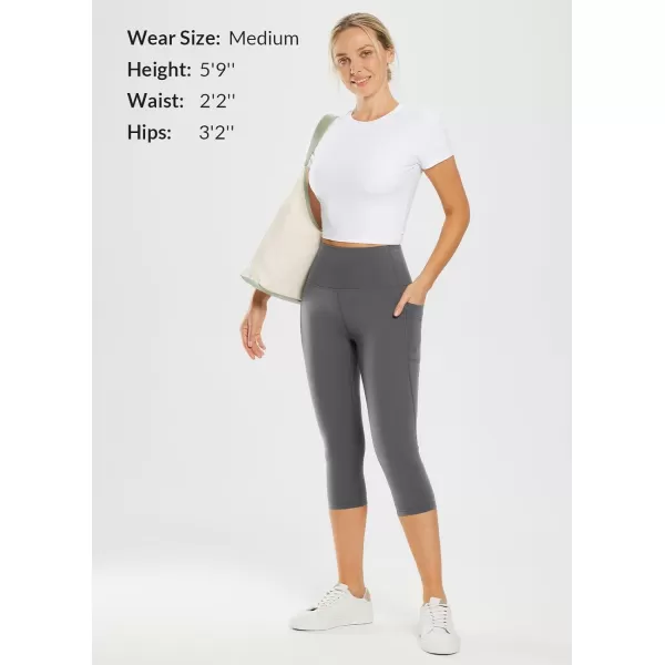 BALEAF Nuleaf Womens Stretch Capri Leggings with Pockets High Waisted Brushed Yoga Workout Athletic Tummy Control Capris 19Grey