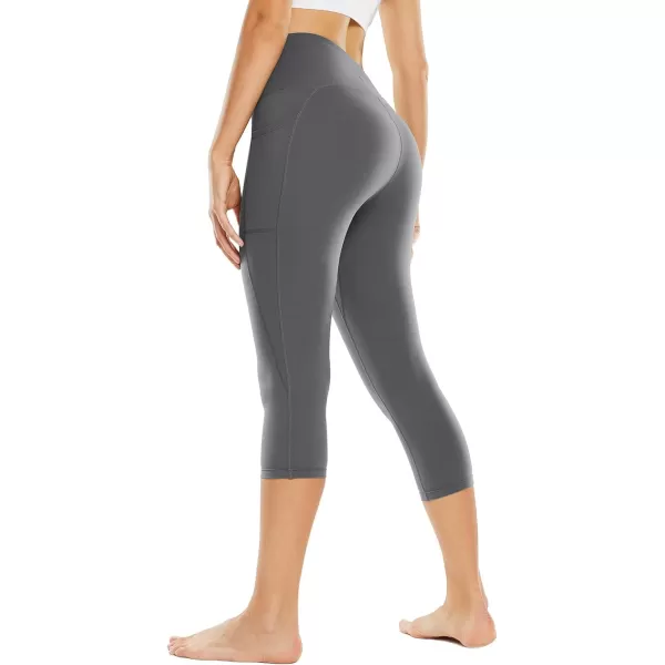 BALEAF Nuleaf Womens Stretch Capri Leggings with Pockets High Waisted Brushed Yoga Workout Athletic Tummy Control Capris 19Grey