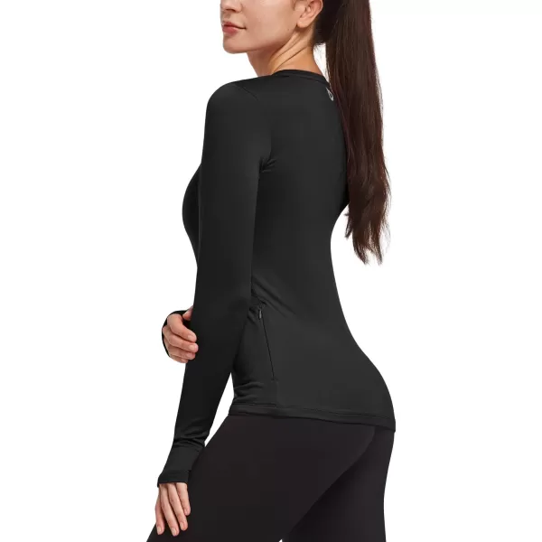 BALEAF Thermal Shirts for Women Long Sleeve Fleece Tops Workout Running Thumbholes Zipper Pocket Cold Weather GearBlack