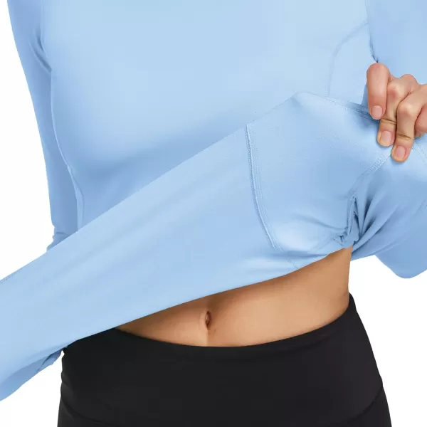 BALEAF Thermal Shirts for Women Long Sleeve Fleece Tops Workout Running Thumbholes Zipper Pocket Cold Weather GearLight Blue