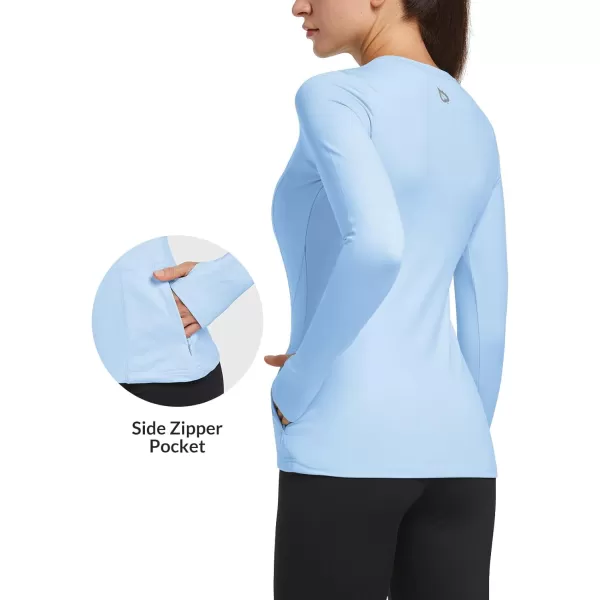 BALEAF Thermal Shirts for Women Long Sleeve Fleece Tops Workout Running Thumbholes Zipper Pocket Cold Weather GearLight Blue