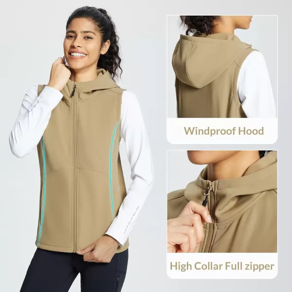 BALEAF Women Vest Lightweight Softshell Hooded Fleece Lined Sleeveless Jacket Windproof for Running Hiking TravelKhaki