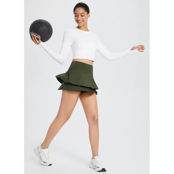 BALEAF Womens 14 Tennis Skirts Golf Skorts with Pockts Pleated Mini Skirt Athletic Workout Liner Shorts Layered RuffleArmy Green