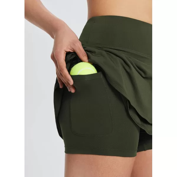 BALEAF Womens 14 Tennis Skirts Golf Skorts with Pockts Pleated Mini Skirt Athletic Workout Liner Shorts Layered RuffleArmy Green