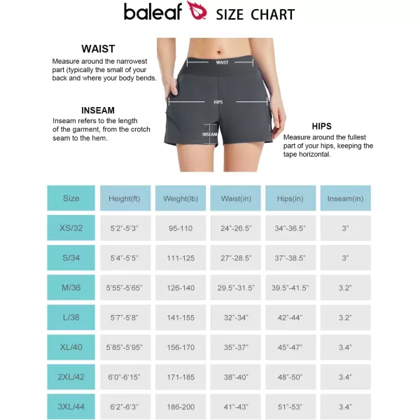 BALEAF Womens 3 Quick Dry Swim Board Shorts Knit Waistband Brief Liner Zipper PocketsDark Grey