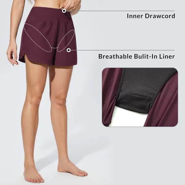 BALEAF Womens 4 High Waisted Swim Shorts Quick Dry Board Shorts UPF50 Swimsuit with Liner and PocketsWine Red