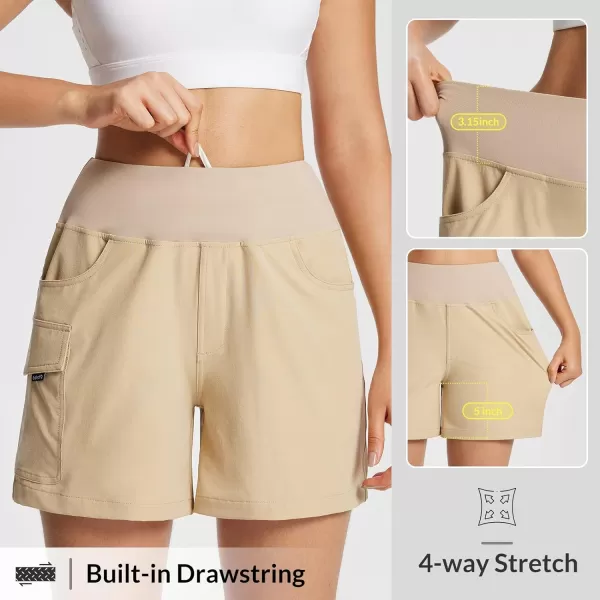 BALEAF Womens 5 Athletic Shorts High Waisted Quick Dry with Cargo Pockets Hiking Climbing Summer ShortsKhaki