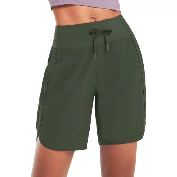 BALEAF Womens 7 Athletic Long Running Shorts Quick Dry Workout Hiking Shorts High Waisted Zipper PocketDark Green