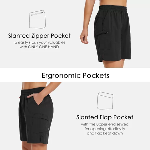 BALEAF Womens 7 Hiking Shorts with Zipper Pockets Summer Quick Dry Nylon Lightweight Baggy Shorts for Thick ThighsBlack