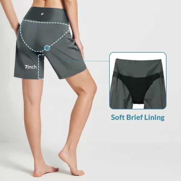 BALEAF Womens 789 Long Swim Board Shorts High Waisted Quick Dry Swimming Bottoms with Liner Pockets Beach Water Surf7 inches Dark Grey