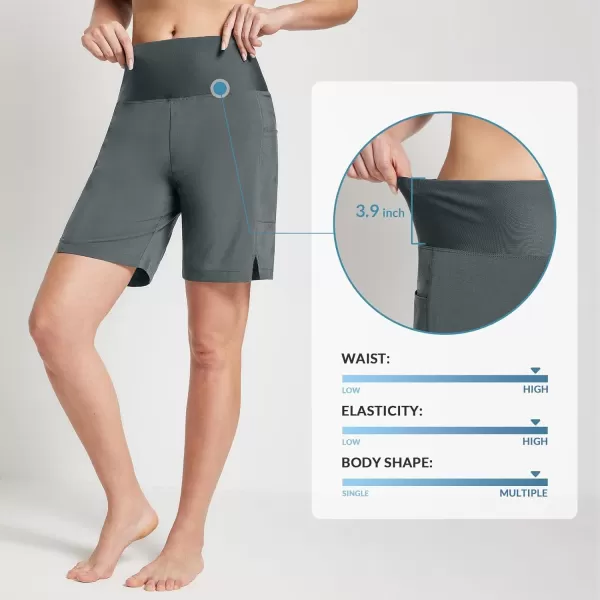 BALEAF Womens 789 Long Swim Board Shorts High Waisted Quick Dry Swimming Bottoms with Liner Pockets Beach Water Surf7 inches Dark Grey