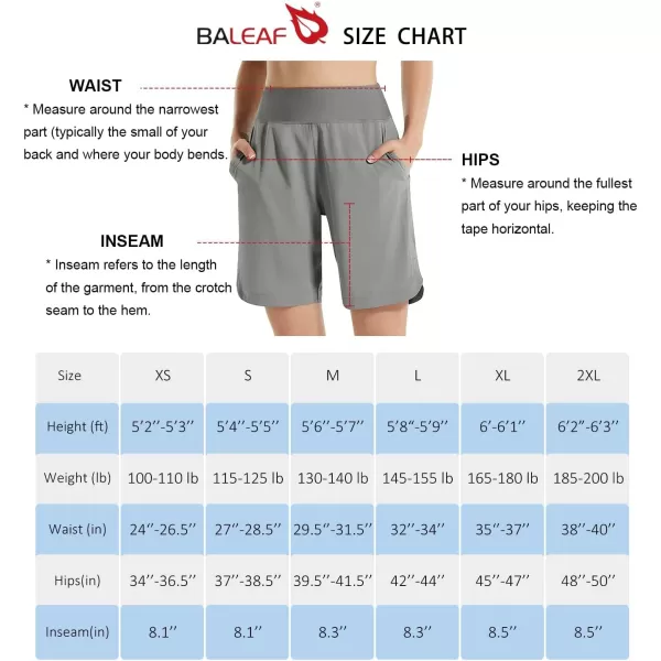 BALEAF Womens 789 Long Swim Board Shorts High Waisted Quick Dry Swimming Bottoms with Liner Pockets Beach Water Surf8 inches Grey