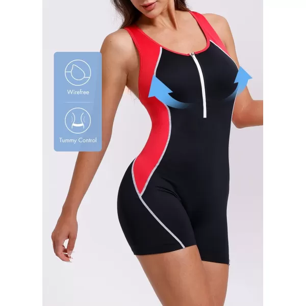 BALEAF Womens Boyleg One Piece Swimsuits Conservative Racerback Training Athletic Swimwear with Zipper Bathing SuitsBlackRed