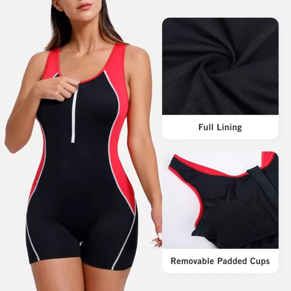 BALEAF Womens Boyleg One Piece Swimsuits Conservative Racerback Training Athletic Swimwear with Zipper Bathing SuitsBlackRed