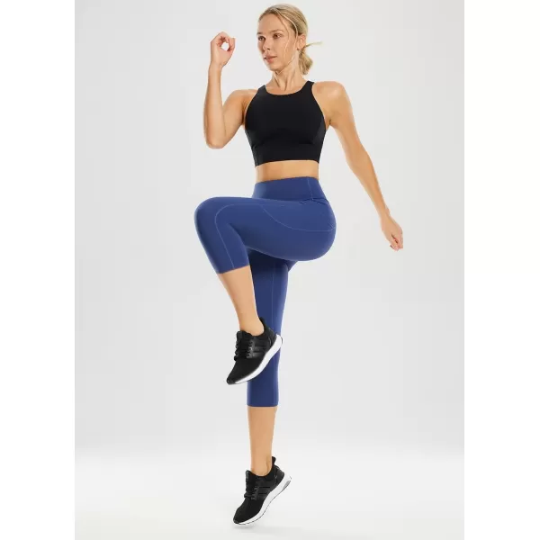 BALEAF Womens Capri Leggings with Pockets High Waisted Workout Yoga Running Gym Pull On Capris Pants for Casual Summer19 InseamNylon Blue