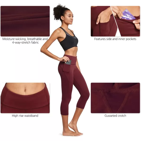 BALEAF Womens Capri Leggings with Pockets High Waisted Workout Yoga Running Gym Pull On Capris Pants for Casual Summer20 Inseam Wine Red