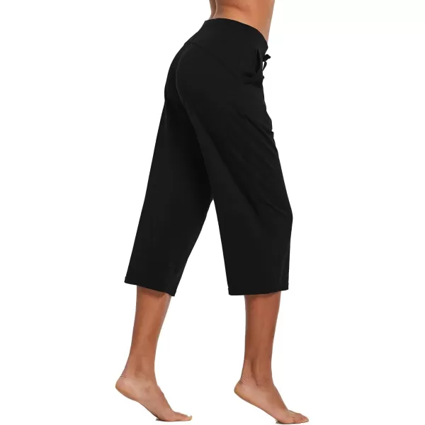 BALEAF Womens Capris Casual Summer Cotton Wide Leg Yoga Capri Sweatpants Loose Lounge Workout Crop Pants PocketsRegularblack