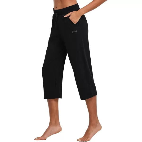 BALEAF Womens Capris Casual Summer Cotton Wide Leg Yoga Capri Sweatpants Loose Lounge Workout Crop Pants PocketsRegularblack