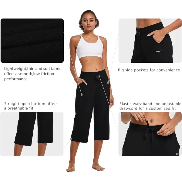 BALEAF Womens Capris Casual Summer Cotton Wide Leg Yoga Capri Sweatpants Loose Lounge Workout Crop Pants PocketsRegularblack