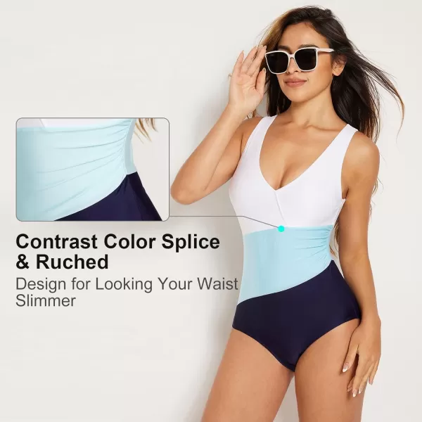 BALEAF Womens Color Block Swimsuit One Piece Tummy Control Full Back Bathing Suits V Neck Swimwear Modest RuchedGreenDark Blue