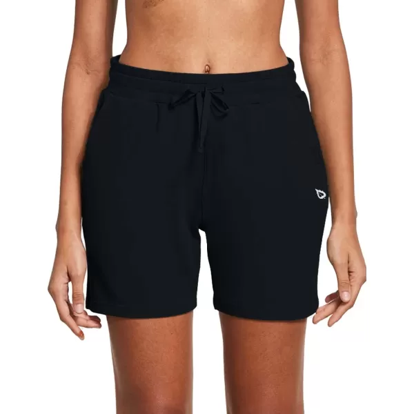 BALEAF Womens Cotton Yoga Shorts Sweat Athletic Lounge Beach Shorts Jersey Pull On with Drawstring Pockets Summer10 Black