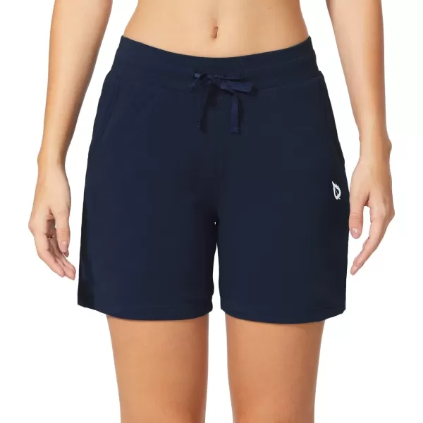 BALEAF Womens Cotton Yoga Shorts Sweat Athletic Lounge Beach Shorts Jersey Pull On with Drawstring Pockets Summer10 Navy Blue