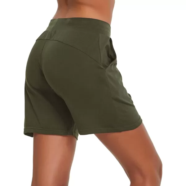 BALEAF Womens Cotton Yoga Shorts Sweat Athletic Lounge Beach Shorts Jersey Pull On with Drawstring Pockets Summer20 Olive