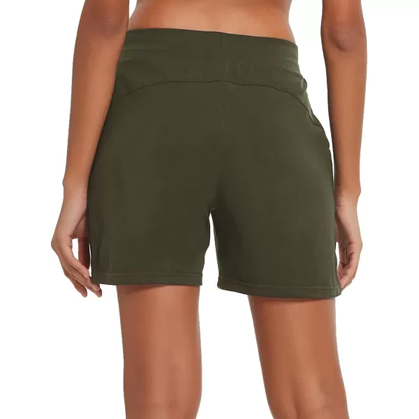 BALEAF Womens Cotton Yoga Shorts Sweat Athletic Lounge Beach Shorts Jersey Pull On with Drawstring Pockets Summer20 Olive