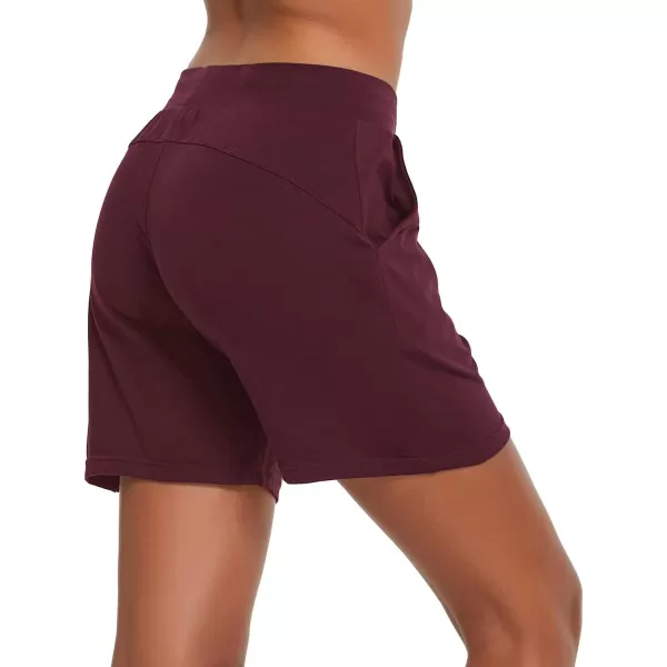 BALEAF Womens Cotton Yoga Shorts Sweat Athletic Lounge Beach Shorts Jersey Pull On with Drawstring Pockets Summer20 Wine Red
