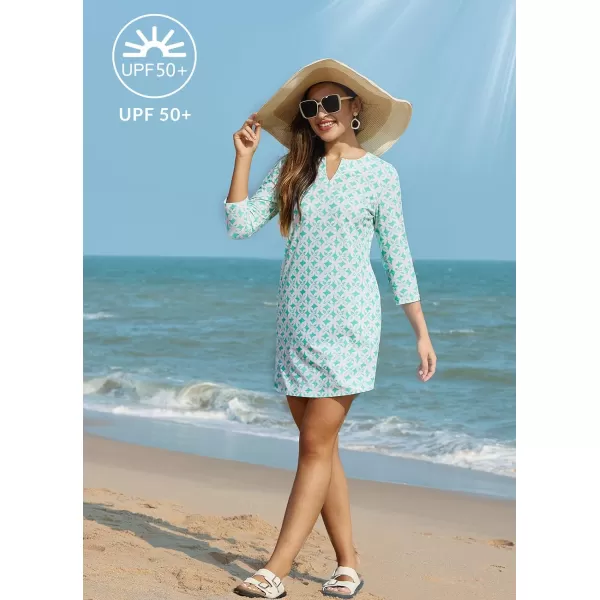 BALEAF Womens Cover Up Dress Sun Protection 34 Sleeve Tunic Beach Dress UPF 50 Swimsuit Coverups with PocketsPatterngreen