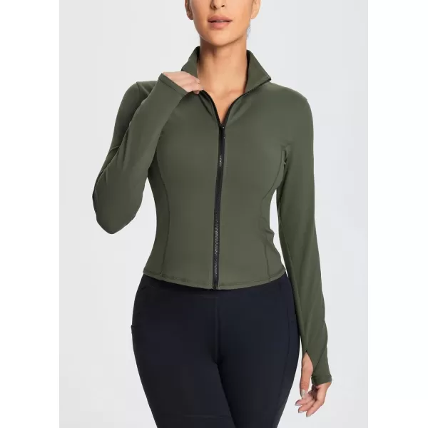 BALEAF Womens Cropped Workout Jacket Long Sleeve Athletic Running Yoga Lightweight Zip Up Jackets with Thumb HolesArmy Green