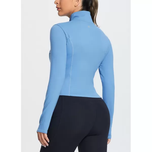 BALEAF Womens Cropped Workout Jacket Long Sleeve Athletic Running Yoga Lightweight Zip Up Jackets with Thumb HolesLight Blue