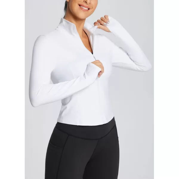 BALEAF Womens Cropped Workout Jacket Long Sleeve Athletic Running Yoga Lightweight Zip Up Jackets with Thumb HolesWhite